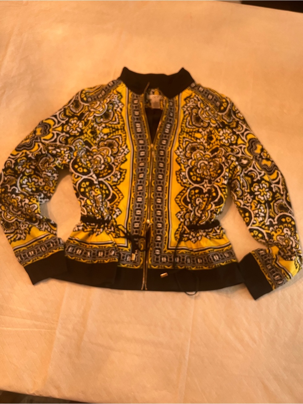 Cache Yellow Paisley-Print Bomber Jacket with Black Trim